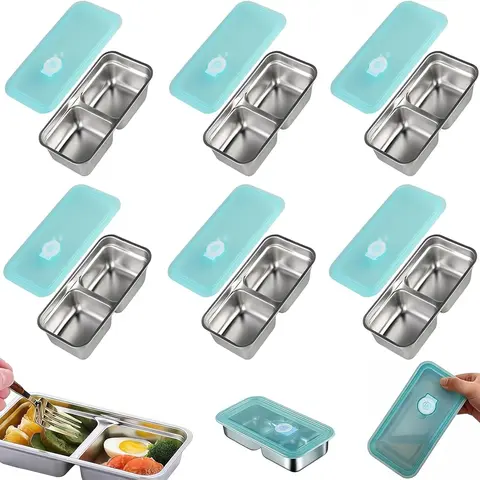 304 Stainless Steel 6-Piece Double Compartment Locking Lid Food Storage Containers - Leak-Proof, Dishwasher Safe Bento Box for Cold Lunch, Outdoor Camping Snacks, Food Cover Meal Prep Organizer