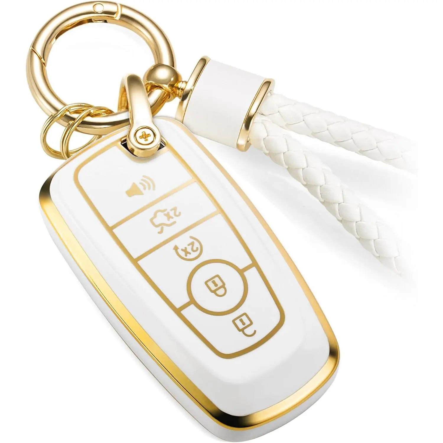 For Ford Key Fob Cover with Metal Braided Rope Keychain, Upgraded Soft Case for Fusion F150-F550 Edge Expedition Escape Explorer Bronco Maverick