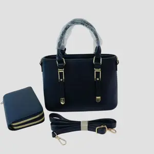 Handbag with Wallet - Navy Blue Leatherette Tote Bag with Detachable Strap and Zipper Closure