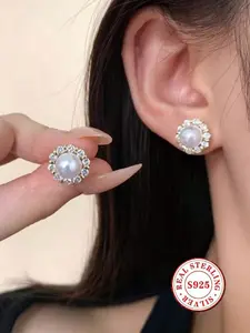 S925 Sterling Silver Pearl Stud Earrings for Women, 14K Gold Plated Cubic Zirconia Halo Design, Hypoallergenic Bridal Wedding Jewelry Gifts