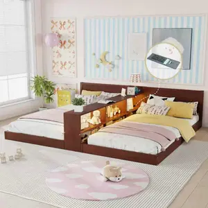 Double Twin Size Bed Frame with Storage,Twin Floor Bed with Light & Charging Station, Convertible 2 Twin Beds for 2 Kids, Espresso
