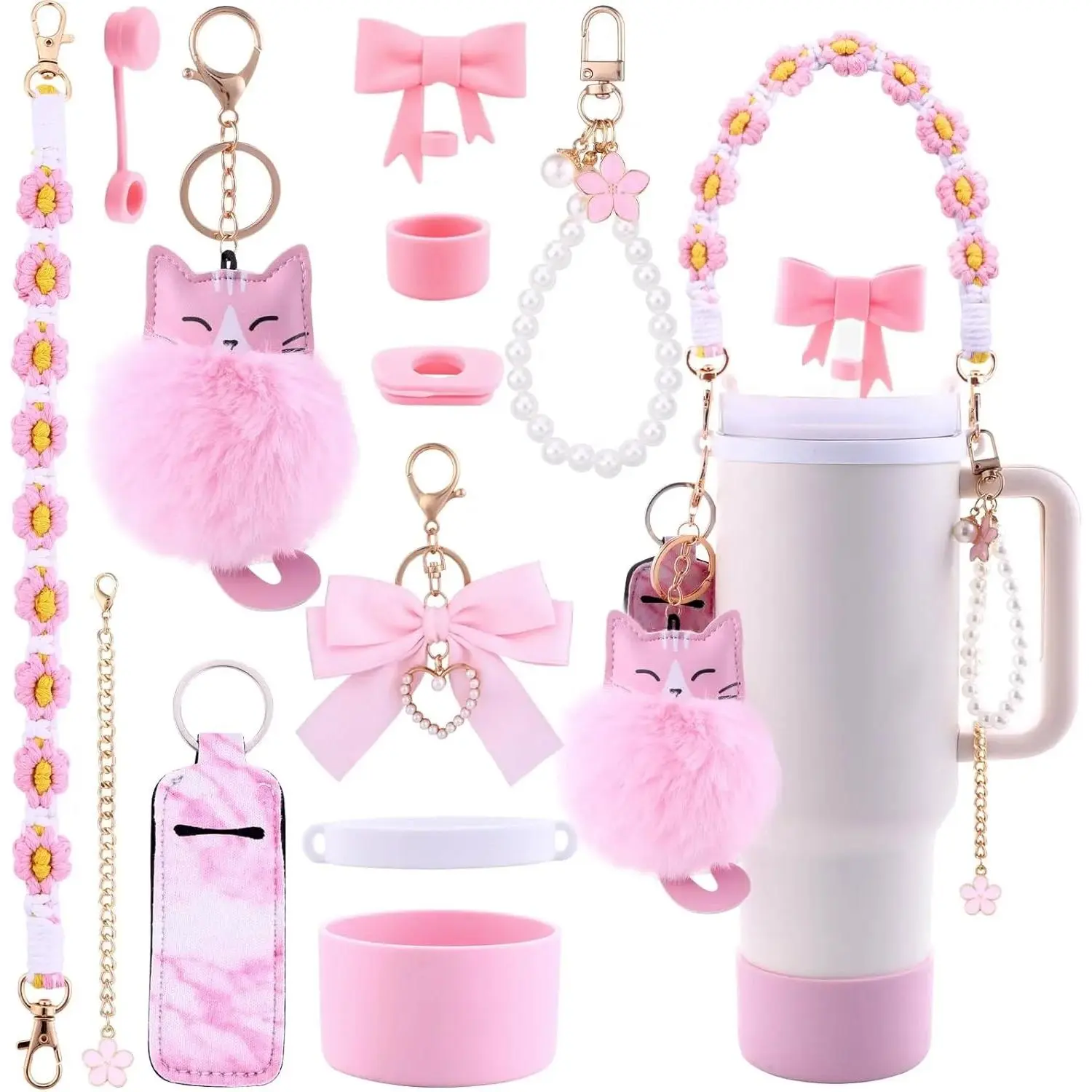 11PCS Stanley Cup Accessories Set for Stanley Cup 30oz 40oz Tumbler Including Water Bottle Handle Strap Silicone Cup Boot Spill Stopper Lipstick Holder Keychain Charms Straw Topper Beverage Drinkware