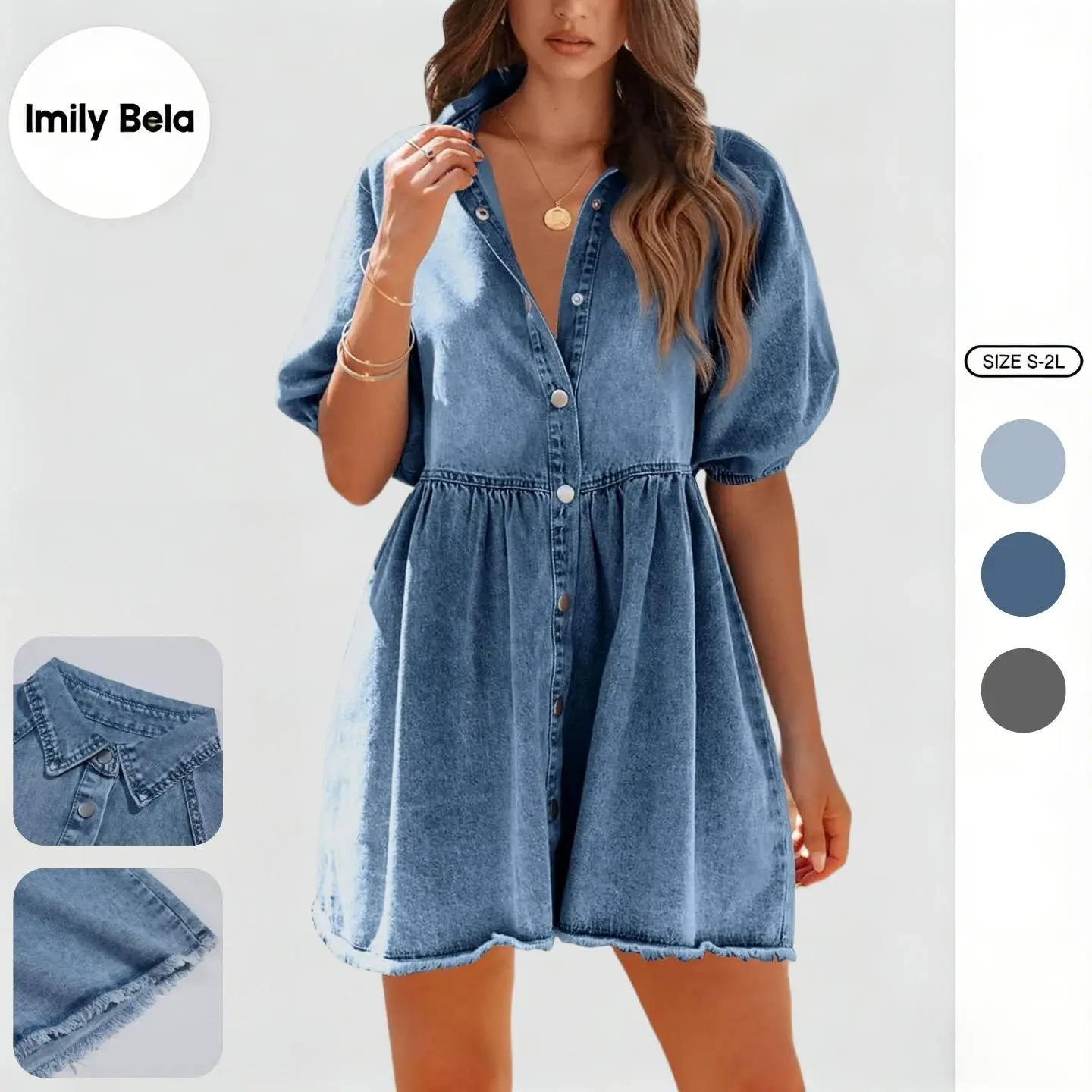 Imily Bela Womens Summer Denim Dress Button Down Short Sleeve Babydoll Dress  Puff Sleeve Flowy Jean Dres - TikTok Shop