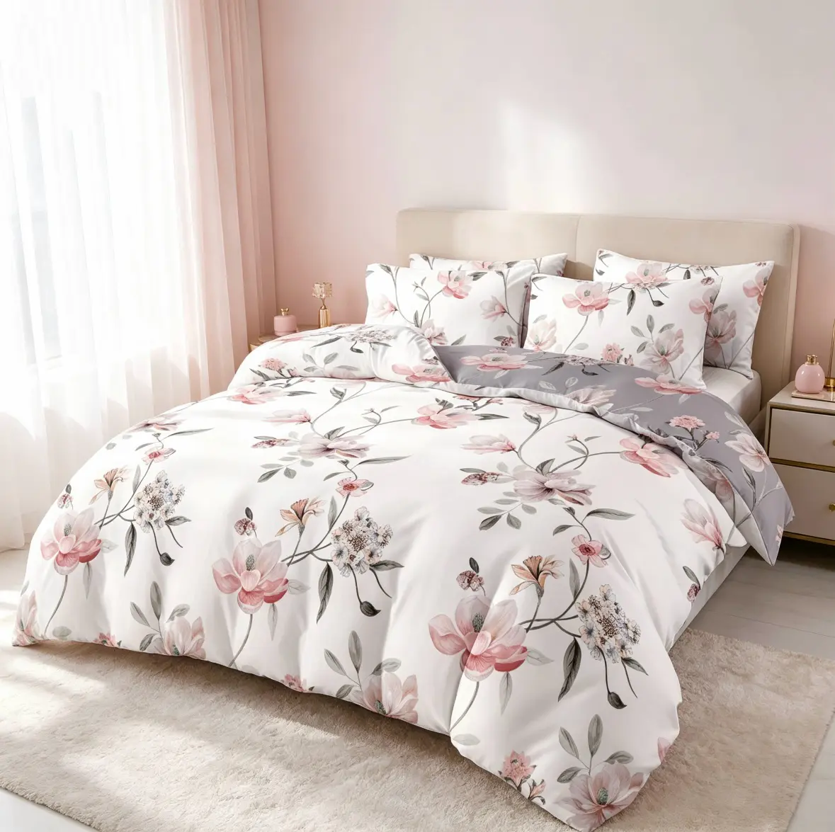 Shuya Magnolia Floral Print Bedding Set - Polyester-Cotton Flat Weave Fabric, Breathable Durable Modern All-Season Bedding Sets Collections, Machine Washable Easy-Care Daily Bedding, 1-2 Standard Shams, Multi-Size (66x90/80x90/90x90/104x90 in), All Season