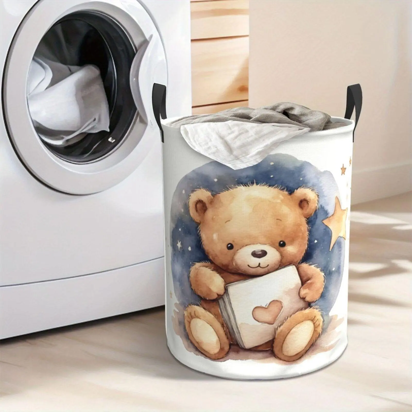 Cute Teddy Bear Reading Book Laundry Hamper  Portable Storage Hamper with Sturdy Handle， Oxford Cloth， Easy to Store and Collapsible Design， Laundry Baskets