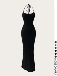 Women's Halter Neck Mermaid Maxi Dress, ribbed stretchy fabric with a form-fitting silhouette and tie-back detail, perfect for special occasions and nights out, available in multiple colors and prints
