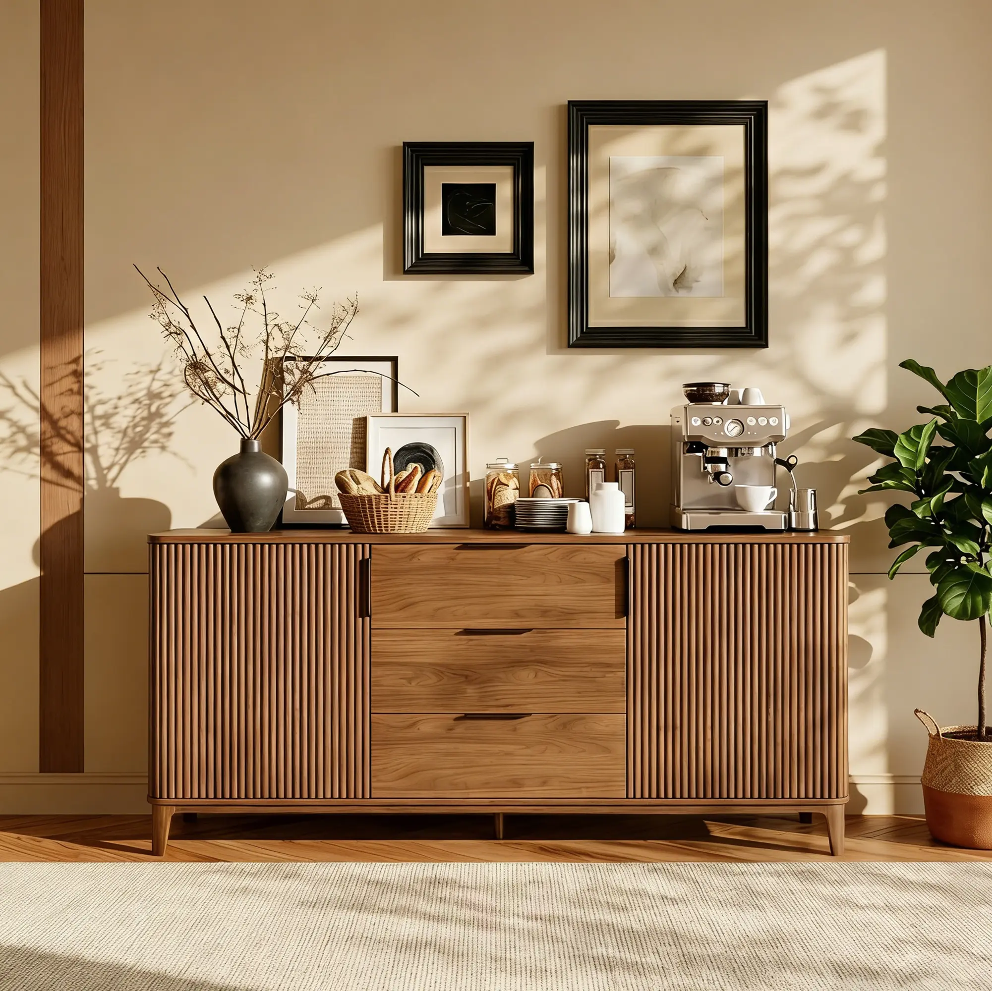 59in Sturdy Fluted Sideboard Buffet Cabinet - 2 Sliding Doors, 3-Drawer Access, Deep Storage Space, Adjustable Shelves, Waterproof Coat, Modern Mid-Century Storage for Dining Room, Living Room (Walnut)
