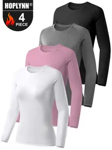 HOPLYNN  Women's 4pcs  basic Long sleeve shirt   Athletic Tops - Round Neck,gym fits  gym outfits   Stretchy Polyester & Spandex Blend, Solid Color, Yoga, Running & Casual Sportswear  workout clothes women