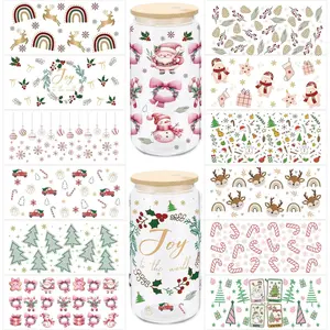12 Sheets Christmas Tree UV DTF Transfer Stickers 16oz Glass Bottle DIY Cup Wraps Stickers Waterproof Cup Wrap Decals for Gifts, Cup Decor