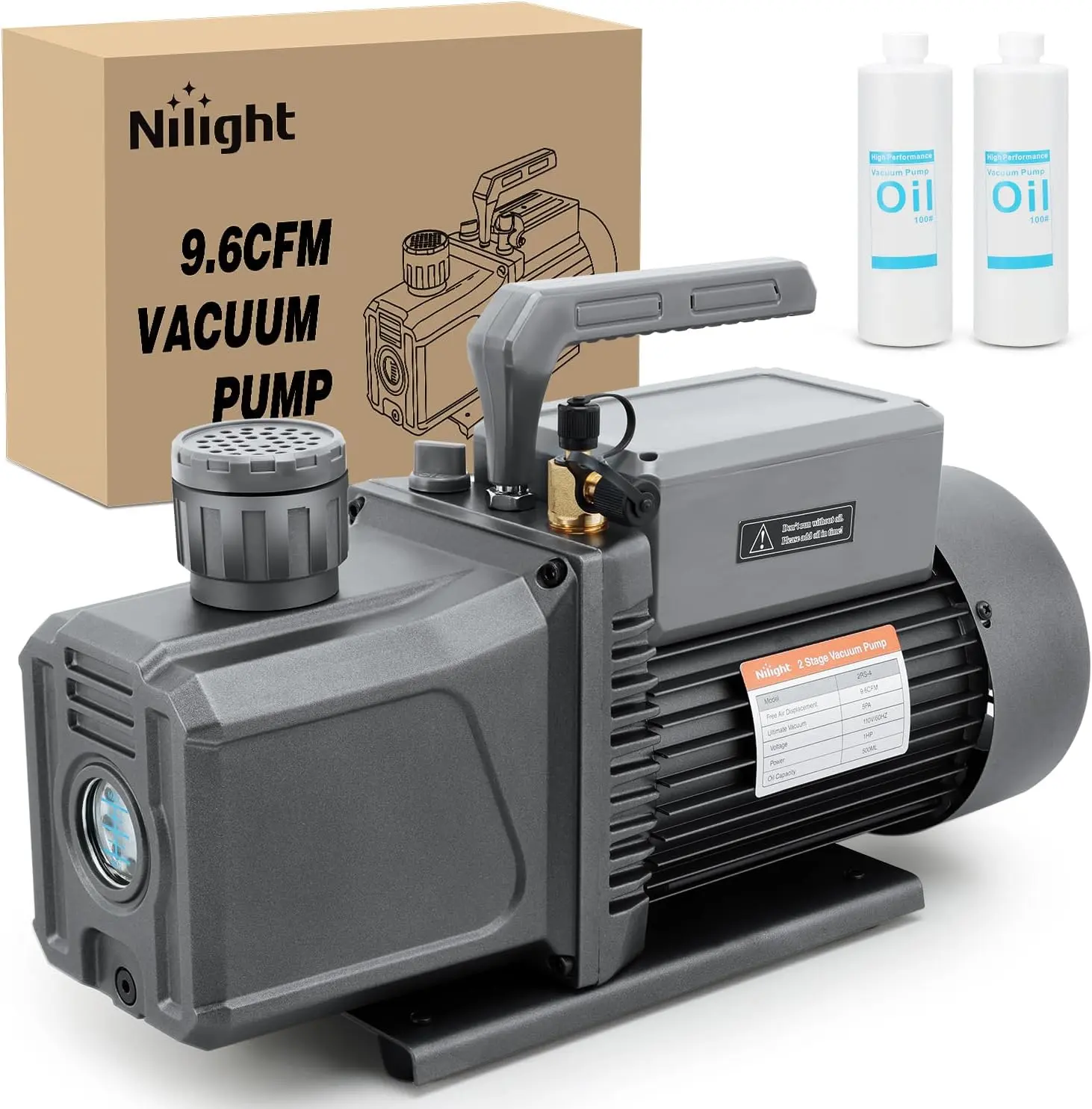 Nilight HVAC Vacuum Pump, 9.6 CFM 1 HP 110V 2 Stage AC Vacuum Pumps Kit for R22 R404a R134a R410a, 3x10⁻¹ Pa Ultimate Vacuum for Auto Air Conditioning Servicing Refrigerant Recharging, Oil Included