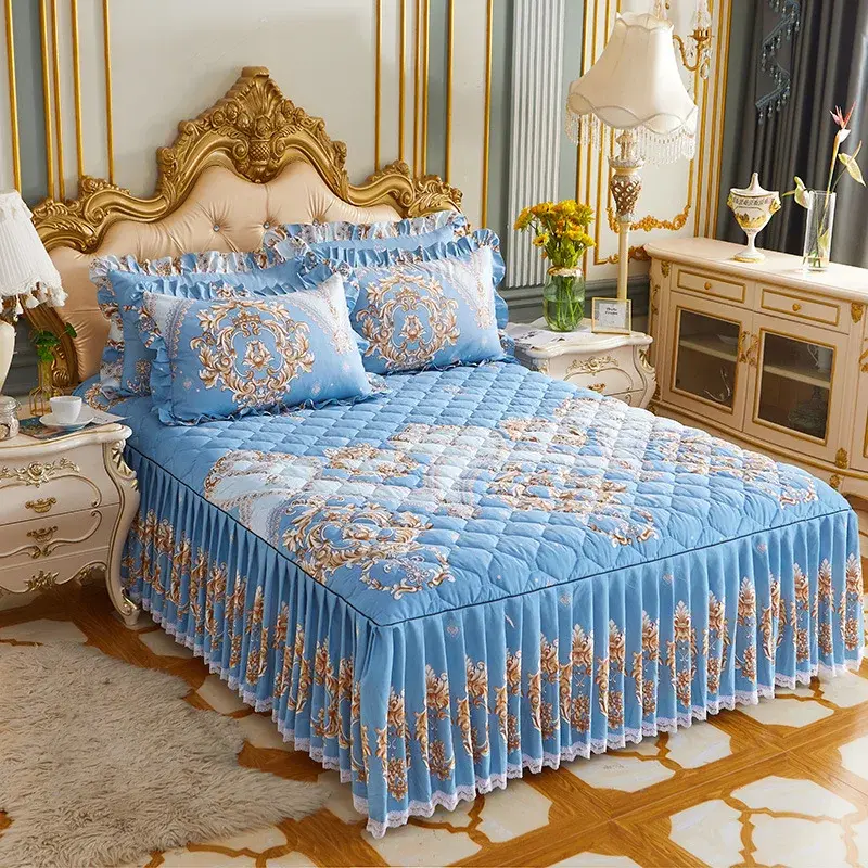 King Size Microfiber Soft Bedding Set - 3pcs Decorative Bed Sheet Set, Contemporary Floral Pattern Bed Skirt, 2 Pillowcases & Double-Layer Full-Wrap Anti-Slip Skin-Friendly Protector, Soft Bedding Sets