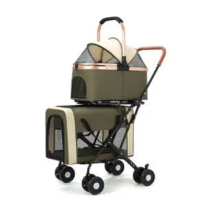 Double pet stroller, suitable for 2 cats or dogs, 2 detachable cat carriers, zippered double pet travel stroller for small/medium-sized dogs (black, green, khaki)