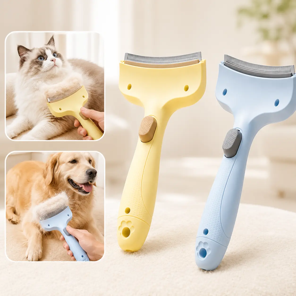 Self-Cleaning Pet Deshedding Brush - Fur Removal Tool, 10cm Curved Head Undercoat Comb, Rounded Stainless Steel Teeth, Non-Slip Grooming Tool with 1-Click Clean, Universal Fit for Long & Short Haired Dogs & Cats