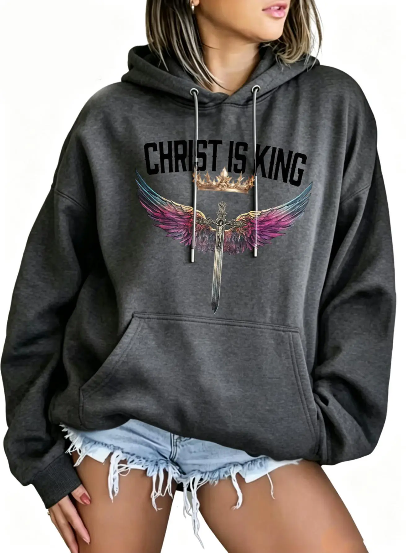 Women's Christ Is King Wing Sword Crown Graphic Pullover Hoodie, Christian Faith Vintage Religious Oversized Cotton Blend Brushed Fleece Casual Long Sleeve Loose Black Top, Cold Machine Wash