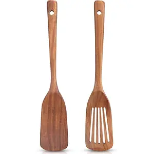 2 Pack Wooden Non Toxic Spatulas for Kitchen Utensils Set Acacia Wood Cooking Spatula Flat Wok Pancake Turner Bamboo Slotted Spoon for Cooking Utensil Spurtle Scraper Long Fish Egg Flipper Spatulas