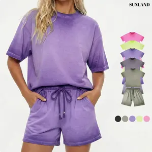 Sunland Oversized Womens Suits Set Dyed Washed Dirty Shorts 2026 Casual Elastic Waist Fading Vintage Half Length Cotton Pants Streetwear Bottoms Summer Comfort Menswear Relaxed Fit Stylish Tropical
