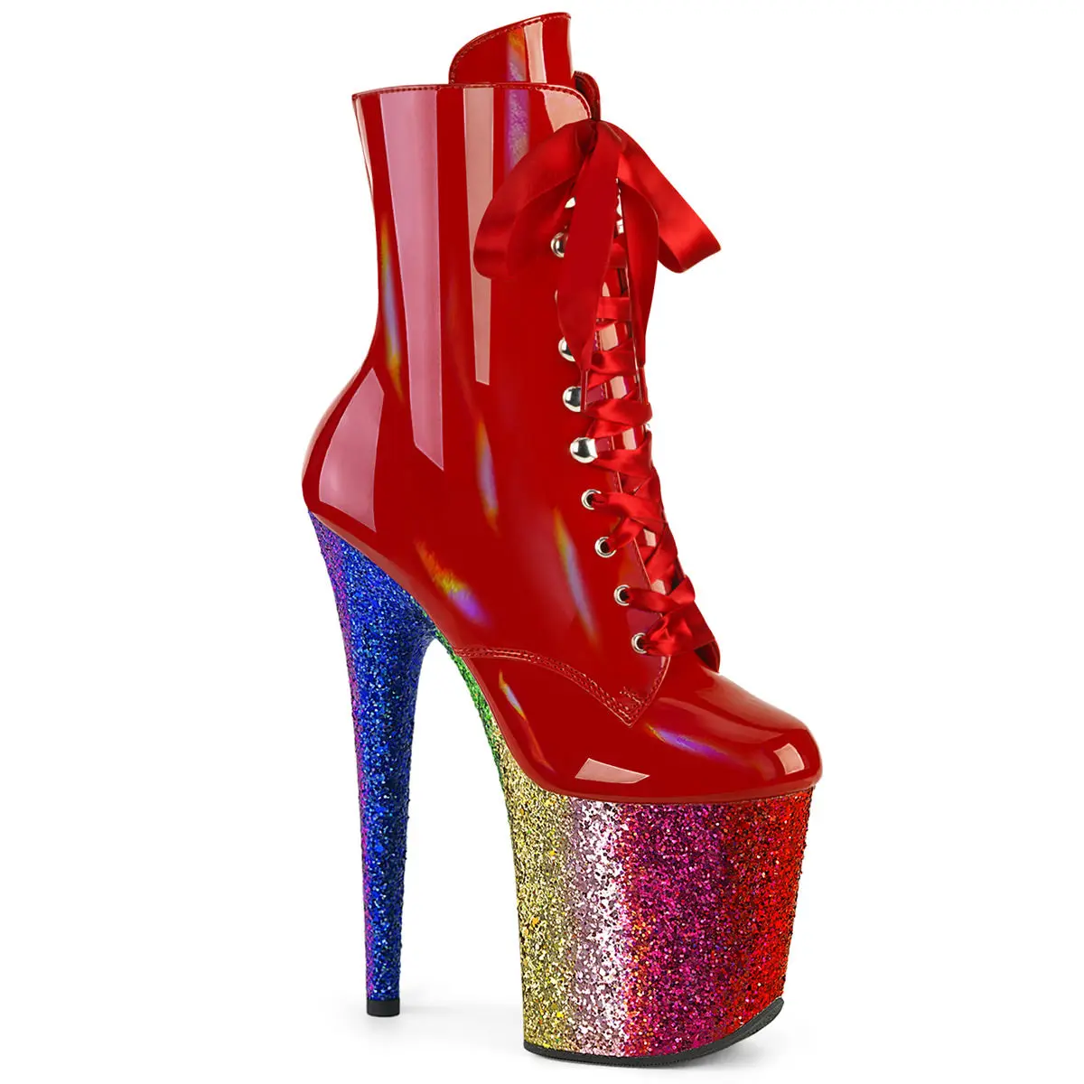 Women's 8-in Heel PU Lace Platform Boots - FLAMINGO-1020HG, Red Holo Patent, Zip, Rainbow Glitter Footwear, Boot, Ankle Length, Nightlife Wear, Shoe, Statement Shoes, Ankle Boot