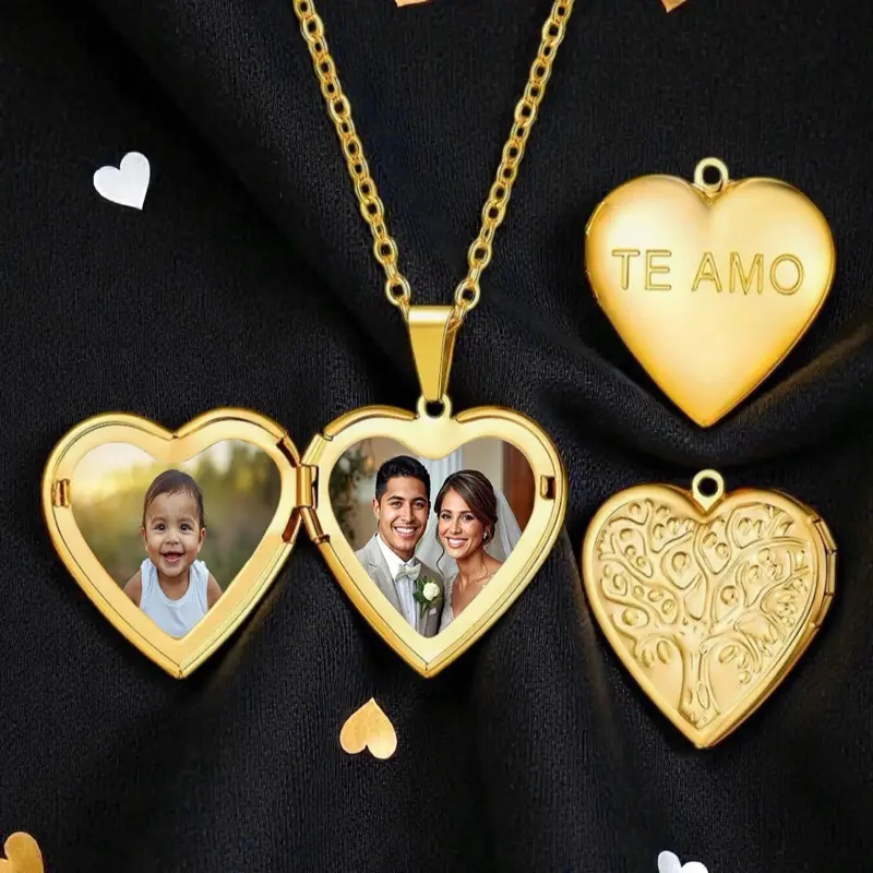 Heart Te Amo Love Family Tree Stainless Steel Locket with 2 Photos