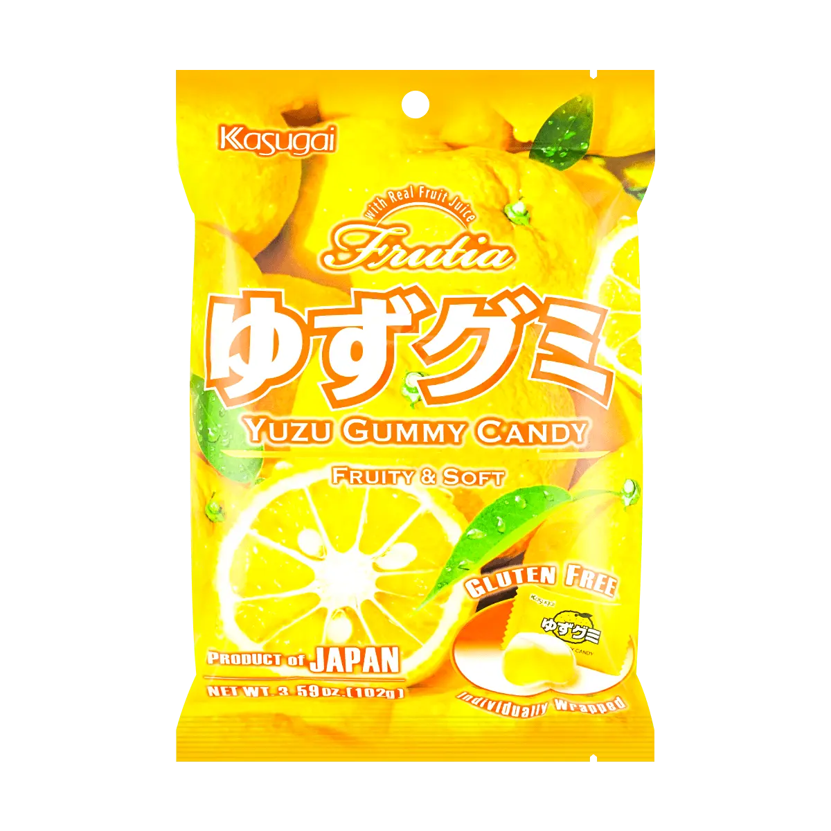 Kasugai Japanese Yuzu Fruit Gummy Candy - 102g, Gluten-Free, Authentic Japanese Snack