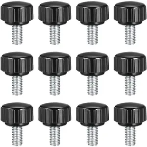 12pcs Knurled Clamping Knobs M5 x 10mm Metric Zinc Plated Carbon Steel Male Thread Thumb Screw Type 15mm Black Plastic Round Head Threaded Hand Bolt Stud Knobs