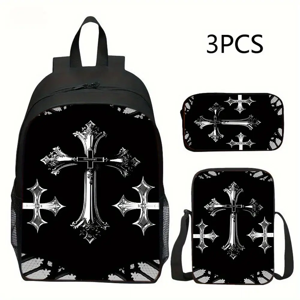 Gothic Backpack Set, 3-Piece Oxford Cloth School Bag with Cross Prints, Includes Top Handle Insulated Lunch Bag & Zipper Closure Pencil Case, School/Outings, Thermal Insulation
