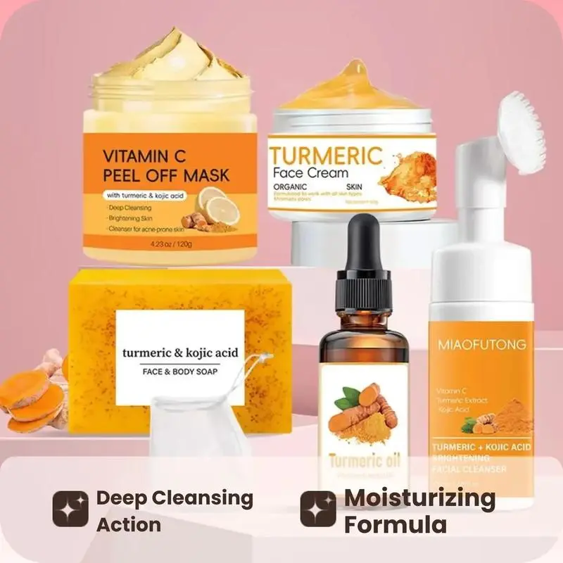 Hydrating Kojic Acid Turmeric Base Skincare Multi-Pack Kit for Adults (6-Count, All Skin Types) - Includes Turmeric Bar Soap, Cleansing Pad, Mousse Cleanser, Oil, Vitamin C Peel-Off Mask, Soap Bag (At-Home Use)