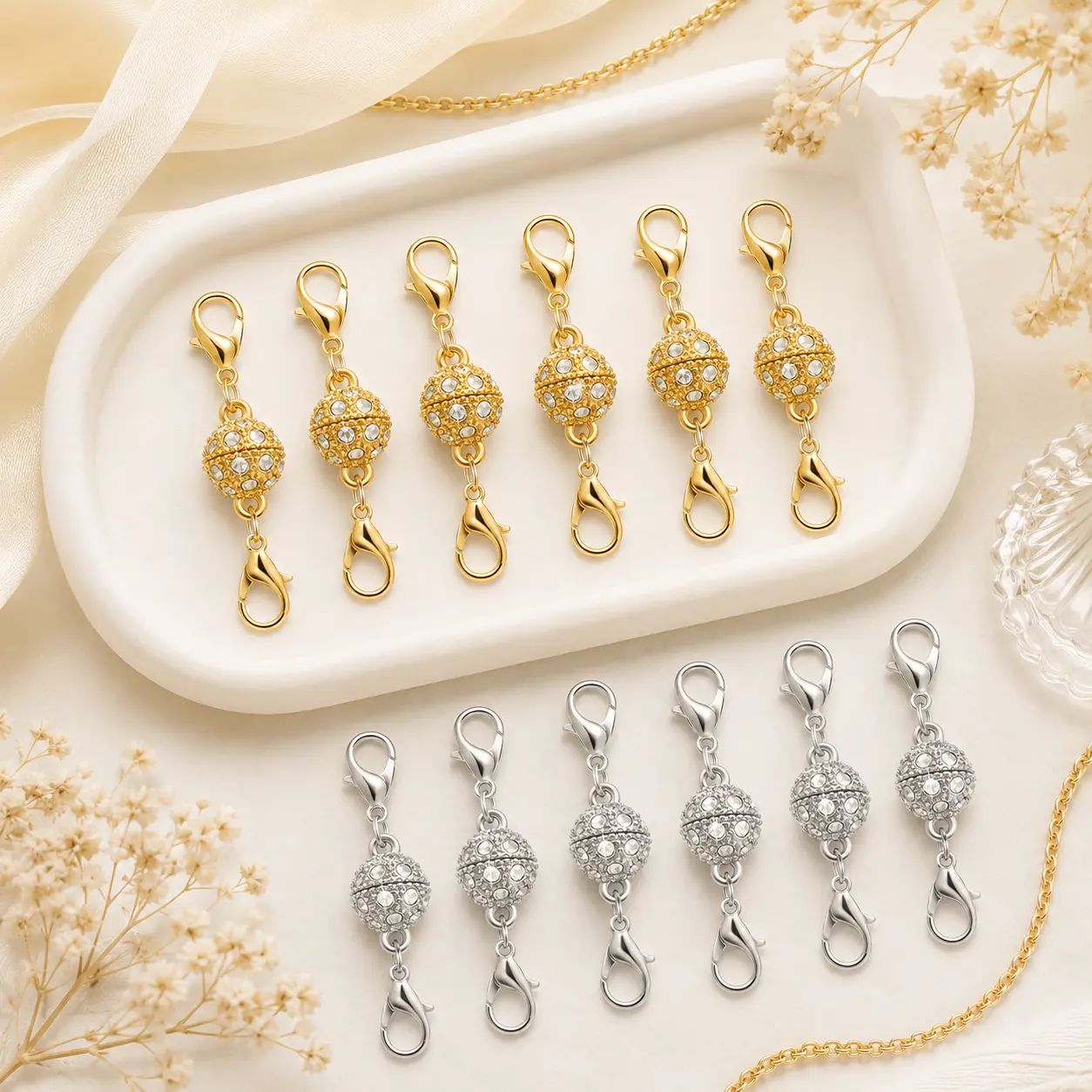 12-Pack Strong Magnetic Necklace Clasps & Extenders - Gold/Silver Plated Stainless Steel Jewelry Closures with Charm, Perfect Gift for Jewelry Making