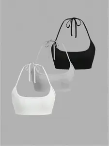 Sexy Sweet Cool Style Backless Tie Strap Ribbed Tank Top Three-Piece Set, Fashionable Summer Wear, Women's Casual, Fit