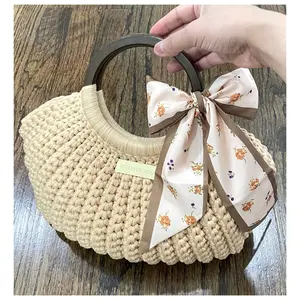 Beige Crochet Handbag with Wooden Handles & Scarf - Casual Style Chic Purse - Bag with Lining