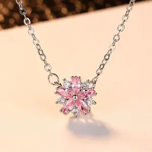 Pink cherry blossom necklace for summer fashion, charming pink synthetic zircon cherry blossom pendant necklace suitable for Valentine's Day gifts, women's jewelry gifts