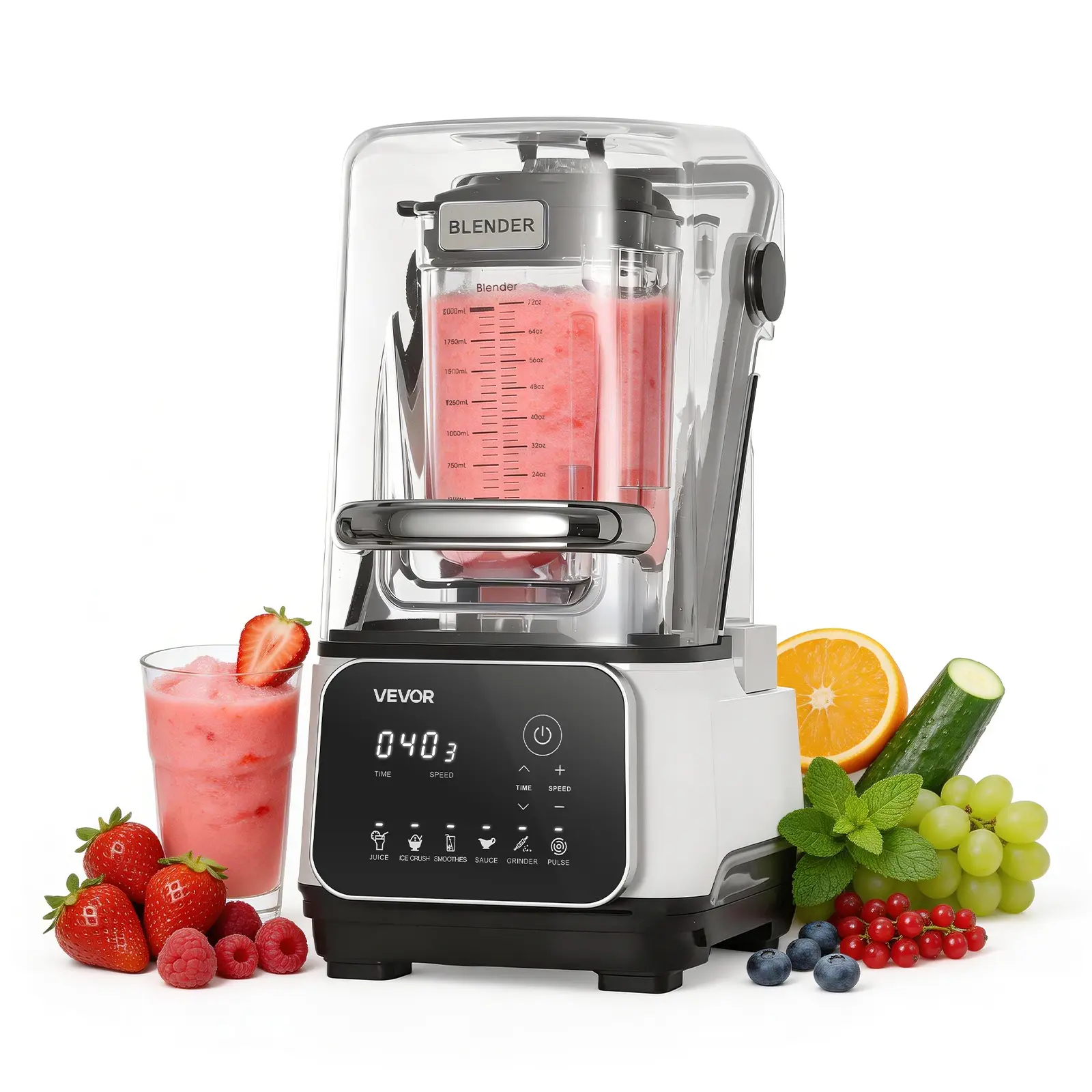 【SummerFinds】VEVOR Corded Silent Professional Countertop Blender, 68 oz/0.53 gal/2 L Detachable Cup Body with Shield, 2200W Power 26000RPM Kitchen Food Processor Combo, Self-Cleaning, Speed-Adjustable, 6 Presets for Smoothies, Ice Crushing, White