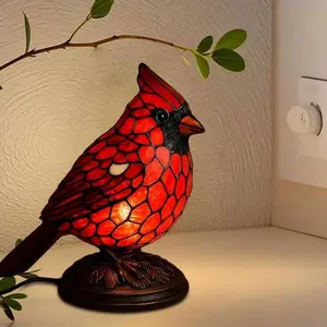 Modern, motorized resin, red bird/animal table lamp, LED light with dome shade, Christmas decoration.