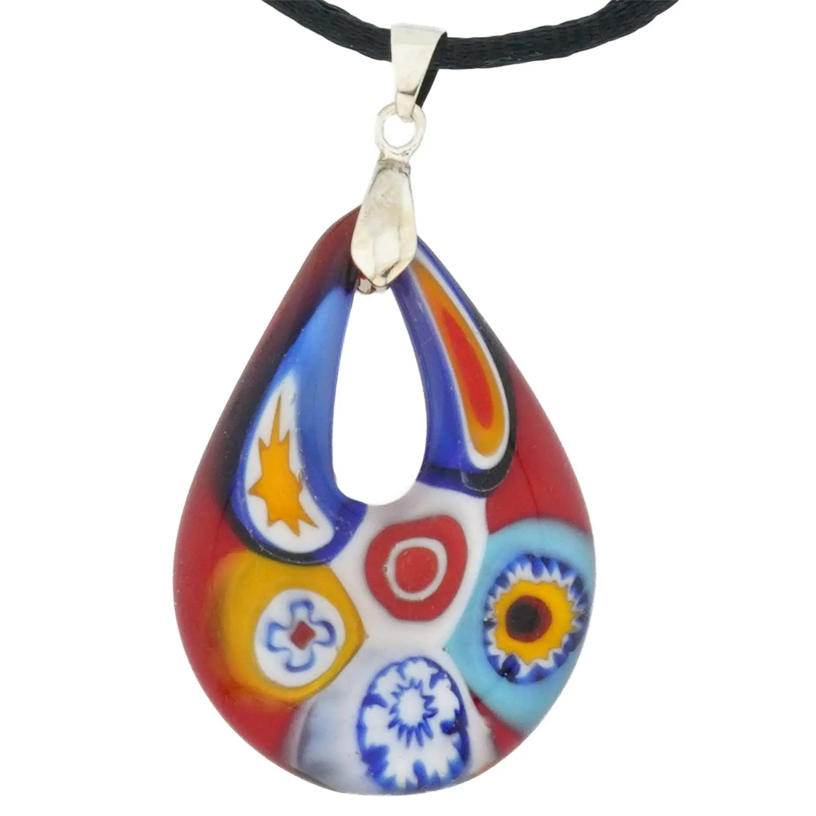 Women's Female Handmade Murano Glass Tear Drop Millefiori Pendant Necklace - Red & Multicolor, 1.75 in Drop, Venice Italy Crafted, Silk Cord, Special Occasions Costume Jewelry