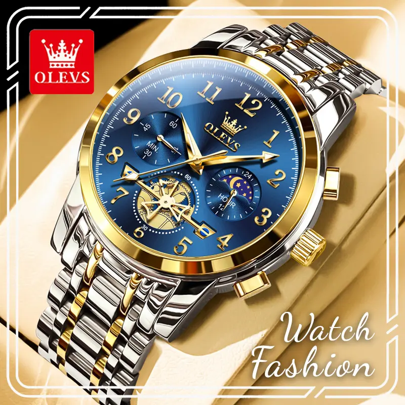 OLEVS 2900 Trendy Exquisite Multi-Function Chronograph Quartz Men's Watch - Sunburst Blue Dial, Large Numerals, 24-Hour Day-Night Subdial, Luminous Hands, 3ATM Splash Resistant, Office-Sport Wristwatch, Practical Birthday Gift for Young Men, Trendy Exquis