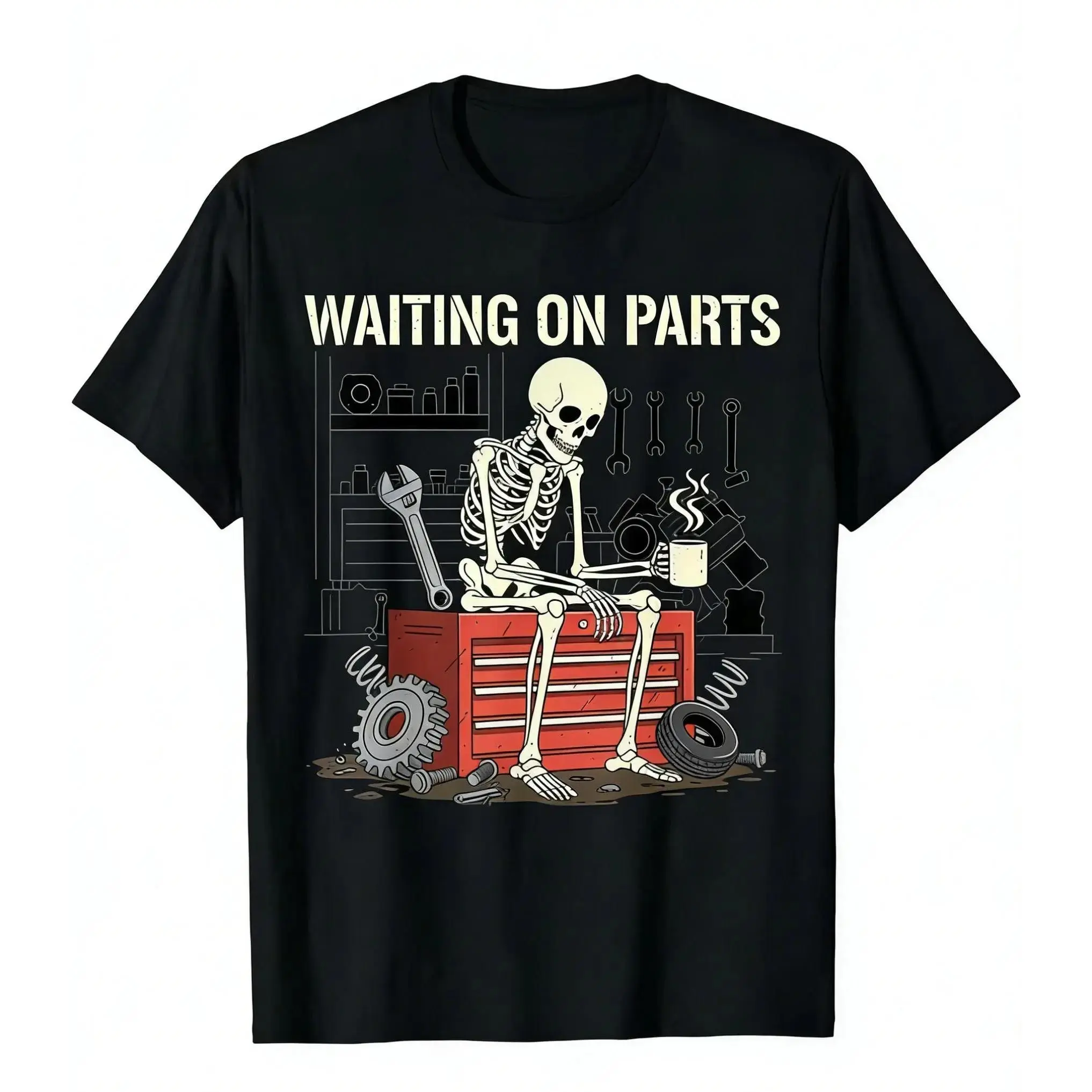 Unisex Short-Sleeve Graphic Crew Neck Sports T-Shirt - Funny Skeleton "Waiting On Parts" Auto Mechanic Stylish Comfortable Casual Summer Top,Cute,,,
