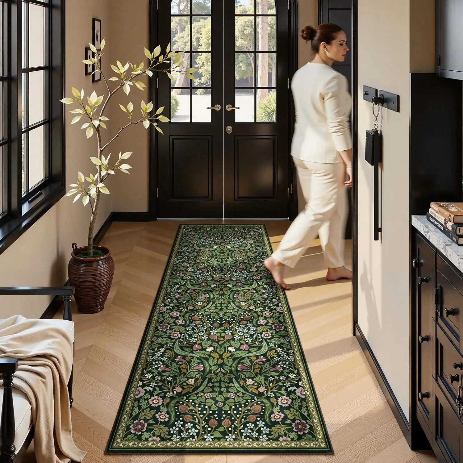 Runner rug, corridor carpet, non-slip long rug, hallway rug, vintage floral pattern carpet, Boho runner rug, Floral rugs, House decor rug, Home Decorative Rugs, machine washable easy to clean, for hallway corridor, bedroom, home decoration