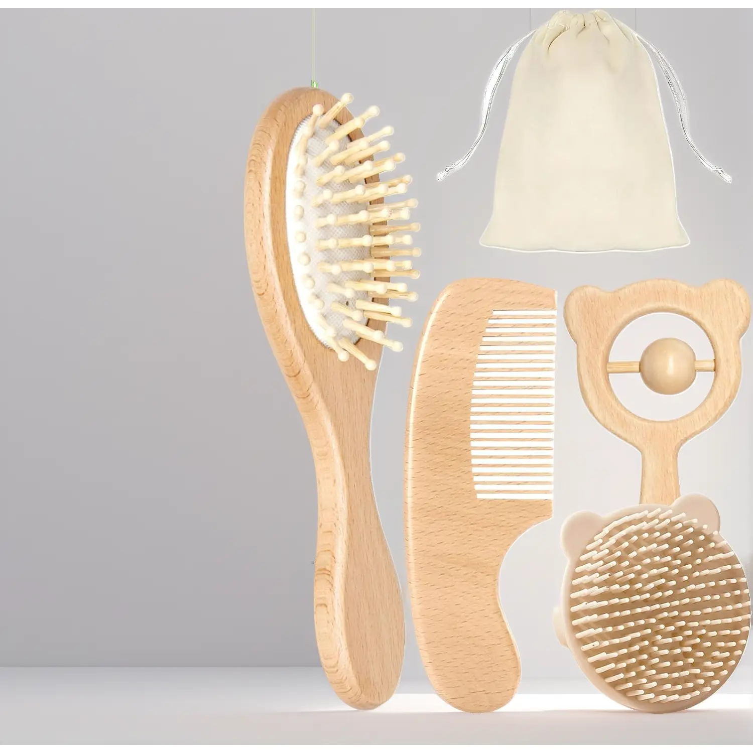 5-Piece Natural Wood Hair Brush & Comb Set - Gentle Goat Hair Bristles, Cradle Cap Care, Newborn Grooming Babies Kit, Ideal Baby Shower Gift