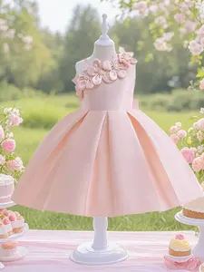 Flower Girl's Bow Flower Decor Asymmetrical Neck Plicated Formal Dress, Elegant Sleeveless Fit & Flare Dress for Party Performance Wedding Guest, Kids Clothes for Summer, Princess Quince Dresses