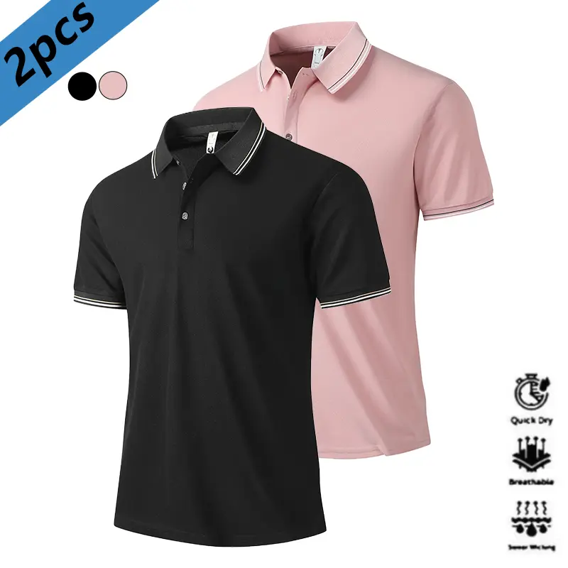 Men's 2-Piece Casual Short-Sleeve Polo Shirts - Quick-Dry, Moisture-Wicking, Color-Blocked Collar & Cuff, Comfortable Athletic Golf Sports Wear for Golf, Travel, Moisture-Wicking Polo Shirts
