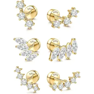 3-Pair Flat Back Stud Set | 14K Gold Plated S925 Silver Post | Comfy Sleep-In Cartilage & Helix Piercing Jewelry