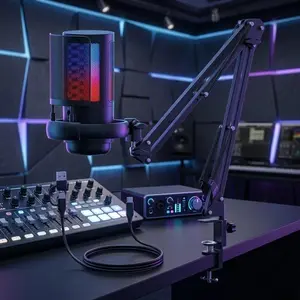 USB microphone for podcast recording, with stand, RGB-lit PC gaming streaming microphone, mute button, headphone jack, desktop stand, vocal microphone for singing