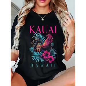 180g Printed Round Neck Short Sleeve T-Shirt Kauai Hawaii Chicken Hawaiian Hibiscus Flowers Vintage T-Shirt