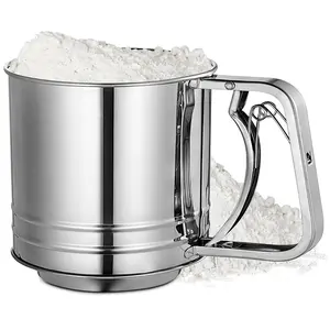 Stainless Steel 5 Cup Flour Sifter for Baking Hand Press Flower Sifter Double Layer for Powdered Sugar Bread Baking All Purpose Easy and Light to Use Kitchen Utensils Rust-free Corrosion-resistant Food-grade Smooth Flexible Sturdy Bakeware