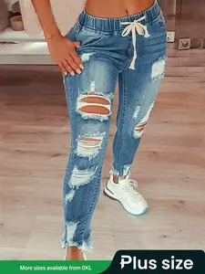 【Plus Size】 Solid Color Ripped Jeans, Casual Fashion Streetwear Denim Pants for Daily Outdoor Wear, Women's Plus Clothing for Summer