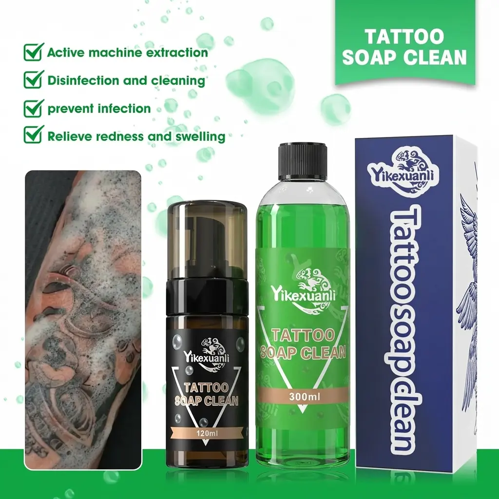 Yikexuanli 10.15 oz. Green Tattoo Soap Set, includes a squeeze bottle of tattoo cleanser, suitable for tattoo artists | Safe-color foam | Moisturizing foam