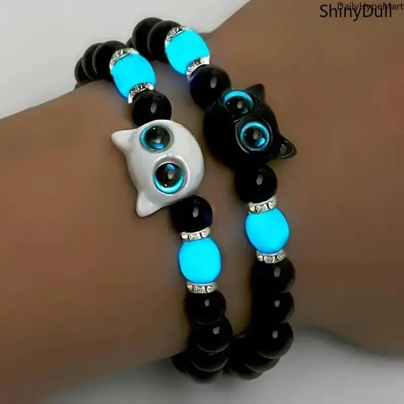 Cute Cat Bracelet Set, 2-Piece Funky Glow-in-the-Dark Resin Beaded Bracelets for Women & Men, Stretchable Animal Jewelry for Parties, Peppy, Casual, Resin Pvc, Beads, Basic