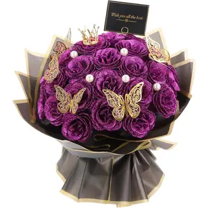 30 Pcs Purple Shiny Glitter Artificial Roses with Stems Bouquet for Valentine's Day Mother's Day Anniversary Graduation Birthday Wedding DIY