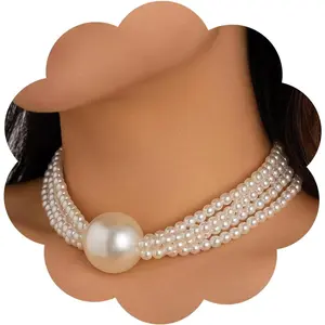 Pearl Choker Necklace for Women Chunky Statement Necklace Layered Ball Charm Chain Choker Jewelry