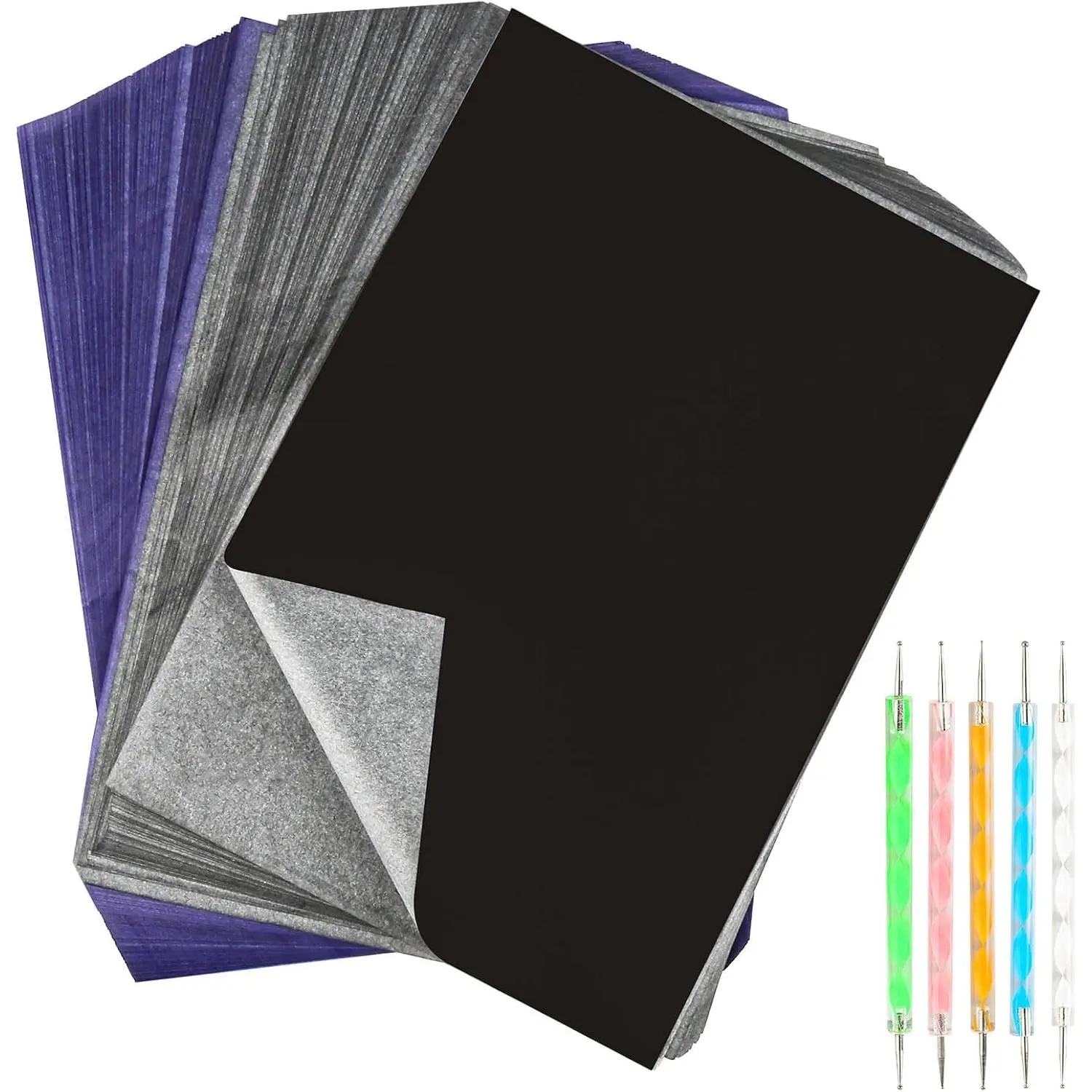 200 Sheets of Carbon Paper, Black/Blue A4 Transfer Paper,Tracing Paper with 5 Coloured Dotting Pens, Duplicate Paper for Paper Canvas Wood， 21 x 29.7 cm