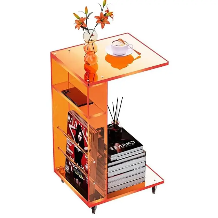 Solaround Clear Acrylic C-Shaped Side Table with Wheels, Rolling Mobile End Table for Sofa, Bed & Small Spaces, Modern Invisible Laptop Snack Table (13.8"D × 11.8"W × 23.7"H)